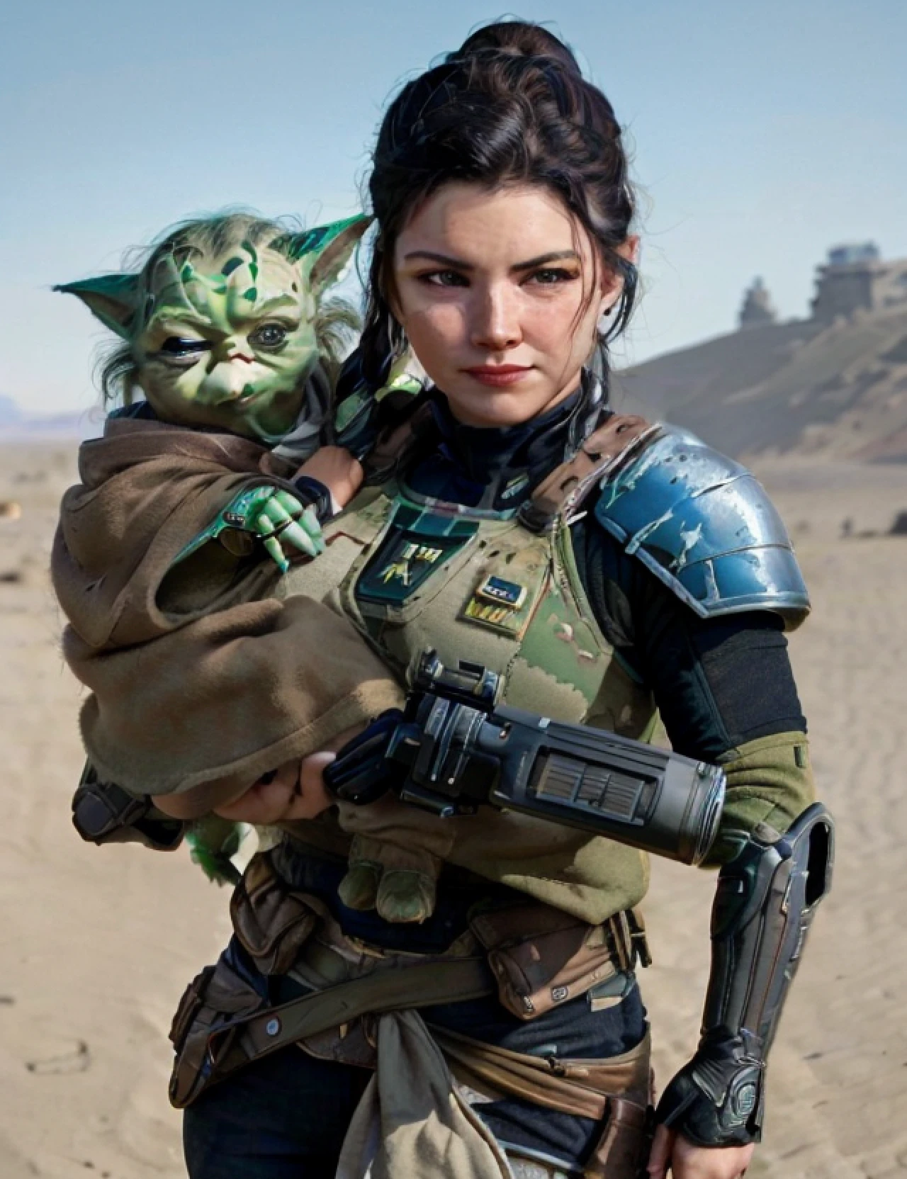 ((realism)), extremely high quality RAW photograph, detailed background, intricate, Exquisite details and textures, highly detailed, Photo of (Gina Carano) as Cara Dune, holding baby Yoda, holding a gun, Looking behind the camera, ultra detailed photograph, warm lighting, artstation, 4k, sharp focus, high resolution, detailed skin, detailed eyes, 8k uhd, dslr, low harsh lighting, high quality, film grain, Fujifilm XT3,