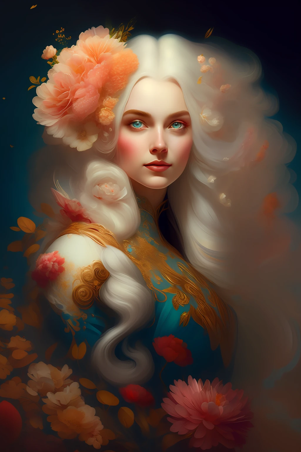 ((gorgeous princess)), (with long flowing white hair), (bright and beautiful eyes), trending on Art Station, flower of hope by Jean-Honor Fragonard, Peter mohrbacher, super detailed, crazy details , stunning sophisticated elite art nouveau ornate liquid wax elegant luxurious greg rutkowski ink style sticker vector art beautiful character design double exposure shot luminous design, winning entry, masterpiece, amoled black background,