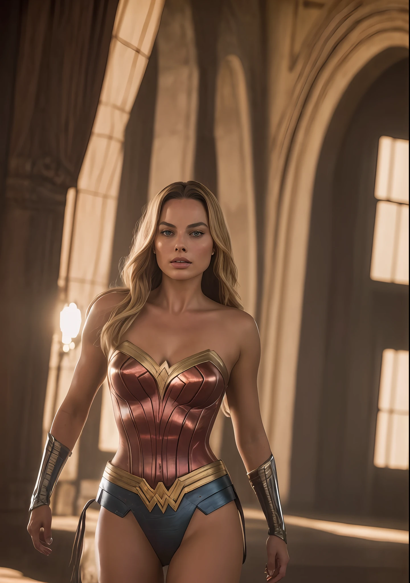 A full-length photograph of Margot Robbie dressed in epic Wonder Woman cosplay, cuerpo completo, Cara perfecta, cuerpo perfecto, sexy, Perfect booty, volumetric illumination, luces suaves, 8k, HDR, (kinematics), (hiperrealista); (IDH); realistic illumination, volumetric illumination, realistic illumination, 8k maximalist photo resolution, intrincadamente detallada, compleja, elegante, expansiva, fantastical), alta calidad (foto RAW, mejor calidad), labios de Hollywood, wide jaw line, labios anchos, nariz estrecha y hermosa