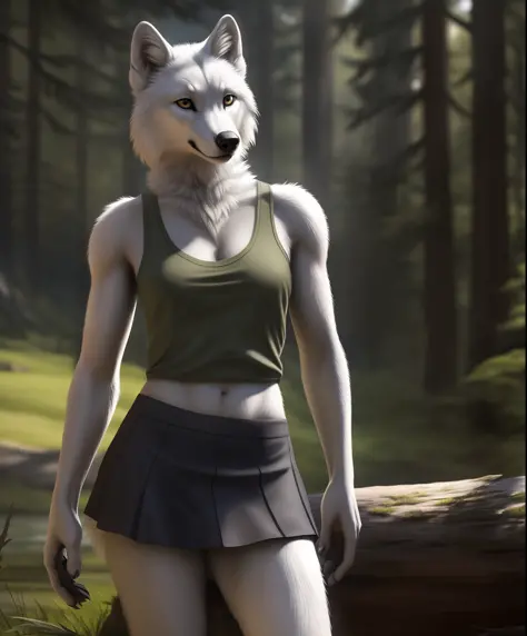 anthro, white wolf, female, adult, mini skirt, tank top, realistic fur, detailed background, wilderness background, realistic, photorealistic, ultra realistic, 8k,