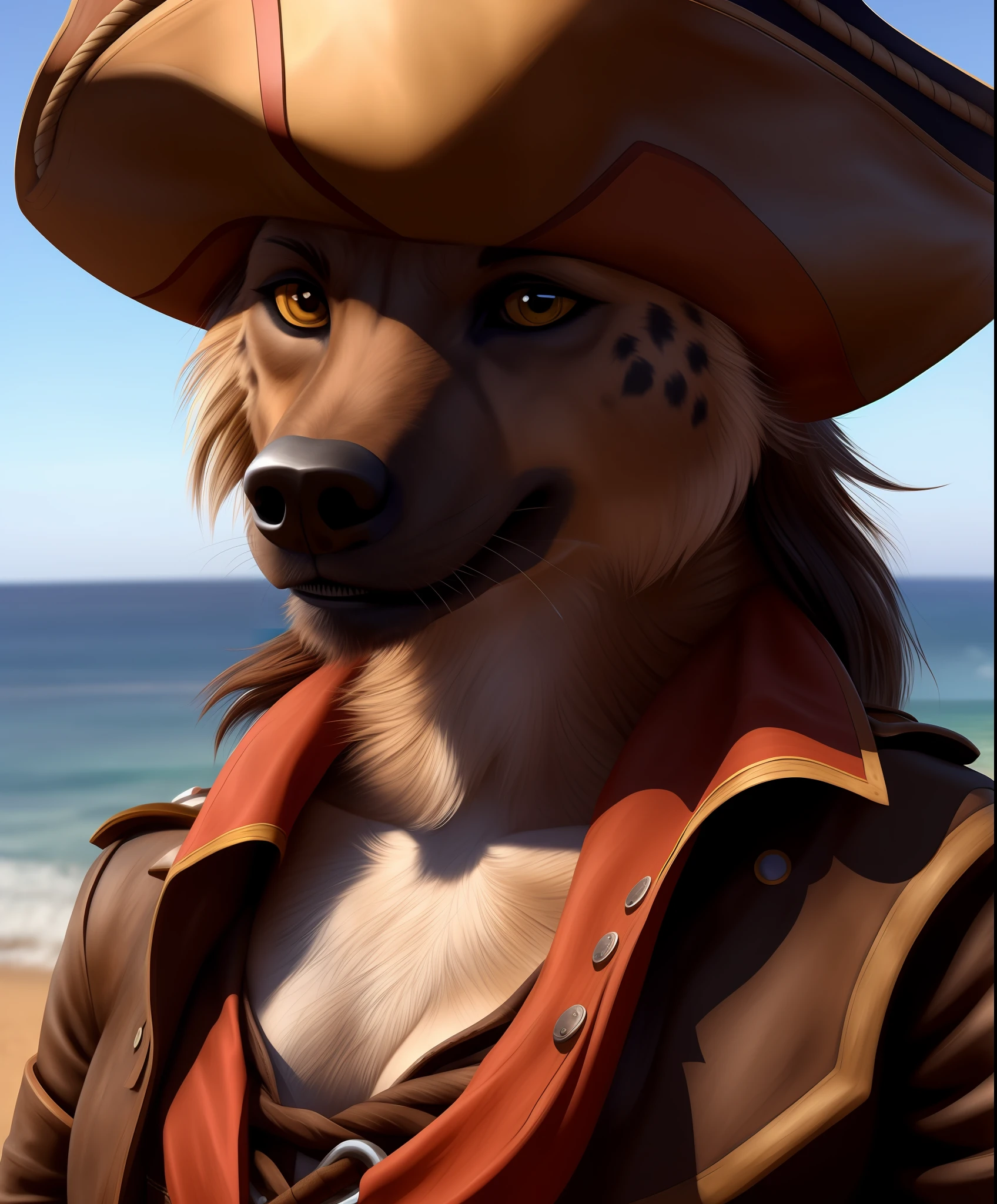 anthro, hyena, solo, female, adult, pirate, pirate hat, clothed, realistic fur, detailed background, sea background, realistic, photorealistic, ultra realistic, 8k,