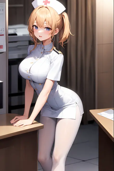 clinic、drapes、1girl in、nurse、White nurse uniform、Black pantyhose、gals、a blond、​masterpiece、top-quality、A highly detailed