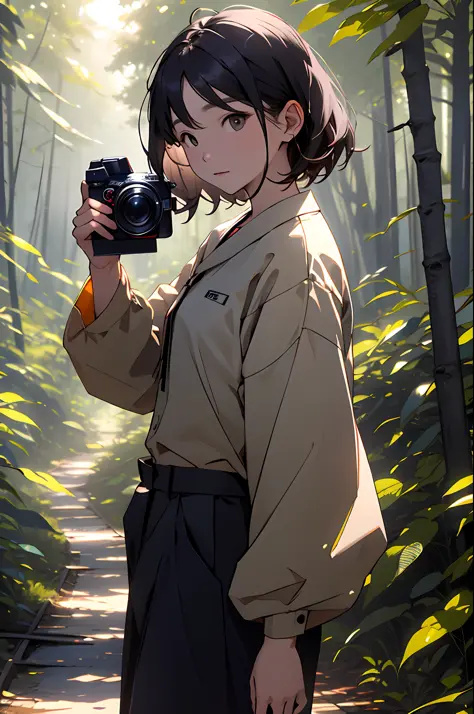 realisitic、Girl in the forest and sunshine, shorth hair, Nice hairstyle, Nice clothes、look at a camera