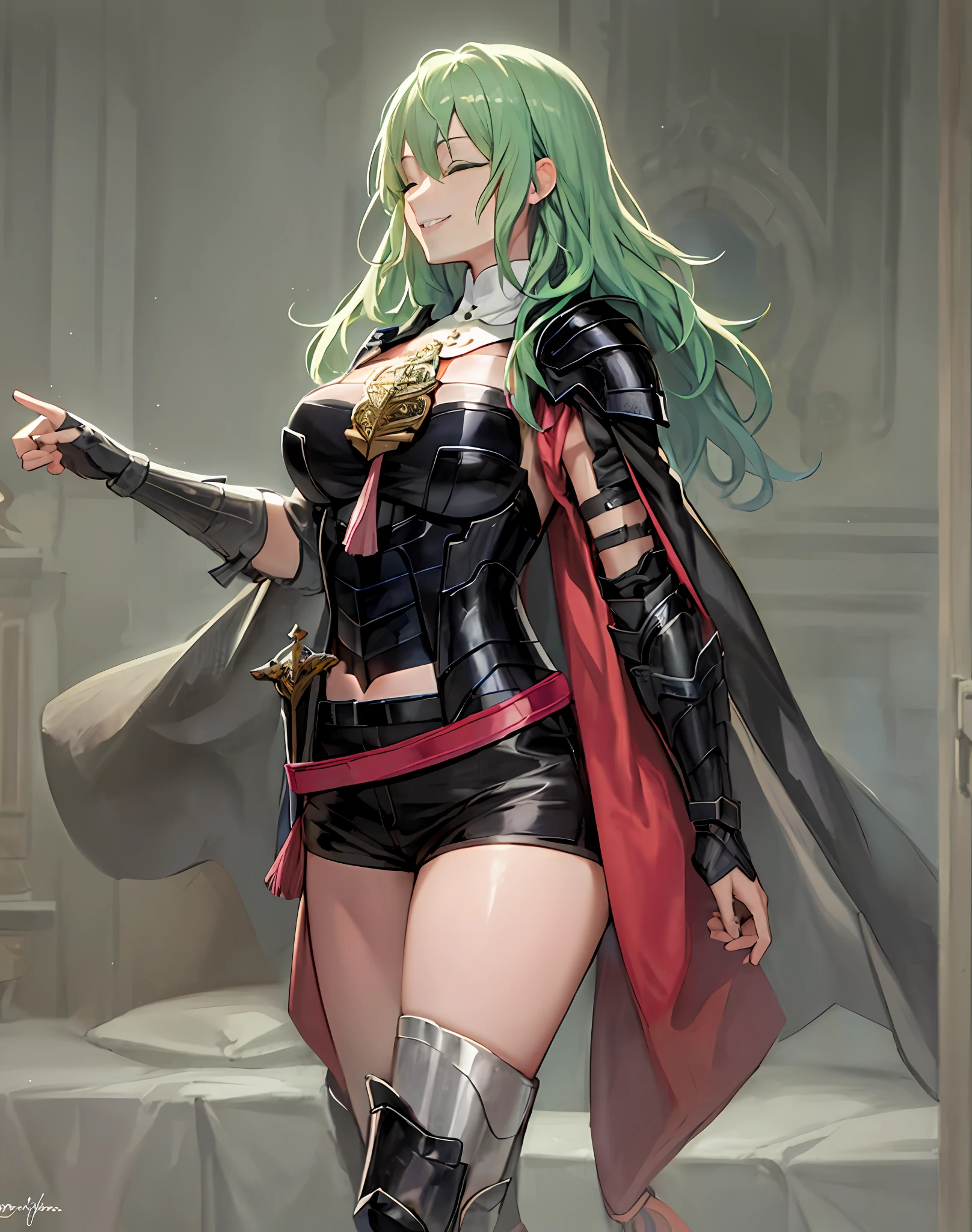 masterpiece, best quality, fembyleth, light green hair, green eyes, detached collar, black cape, black crop top, breastplate, tassel, belt, short shorts, gauntlets, portrait, smiling, closed eyes