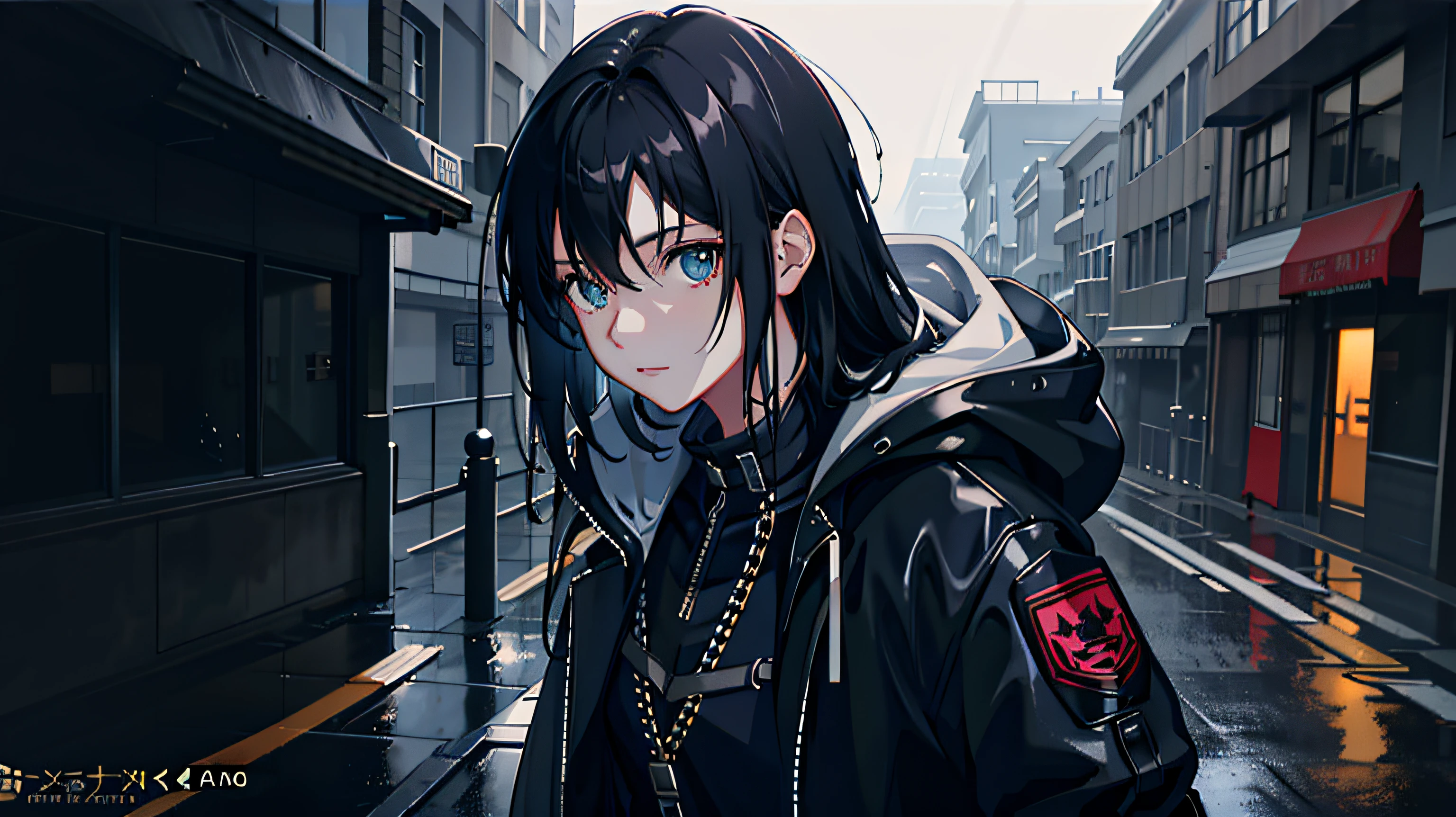 best quality, intricate details, lineart, monochrome,

1girl, long hair, black hair, messy hair, hair over one eye, sharp eyes, 

choker, shirt, torn legwear, open jacket, 

against wall, brick wall, graffiti, dim lighting, alley