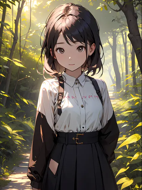 realisitic、Girl in the forest and sunshine, shorth hair, Nice hairstyle, Nice clothes、Looking at the camera