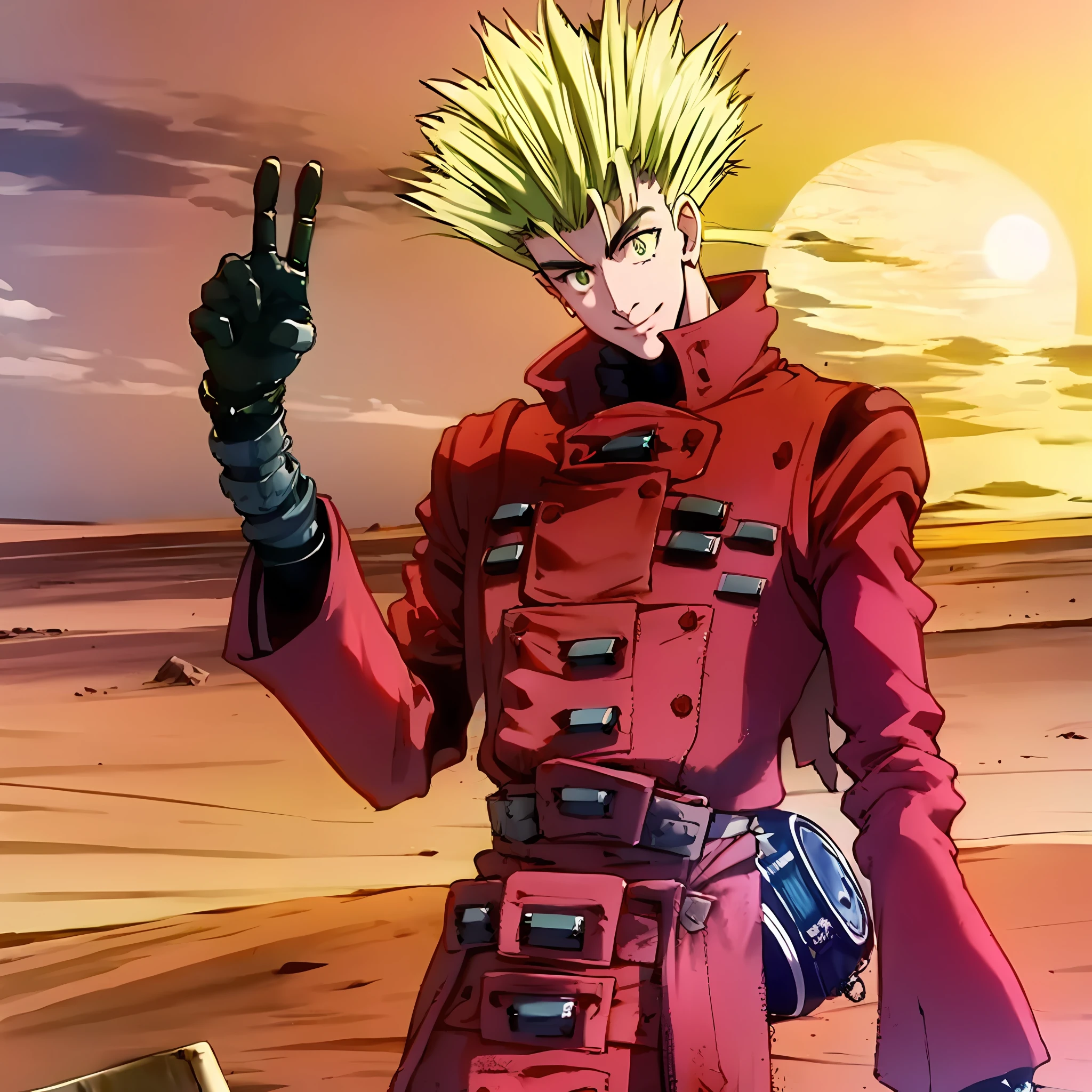 Stunning coherent anime screengrab of Vash the Stampede from Trigun anime!, posing for a picture, Making a sign of peace!, Happy face, desert background!, Big sun, Sharp angle, Heroic imagery, Dynamic Scene; high quality, High Resolution, Highly detailed, Masterpiece, HD, 8K