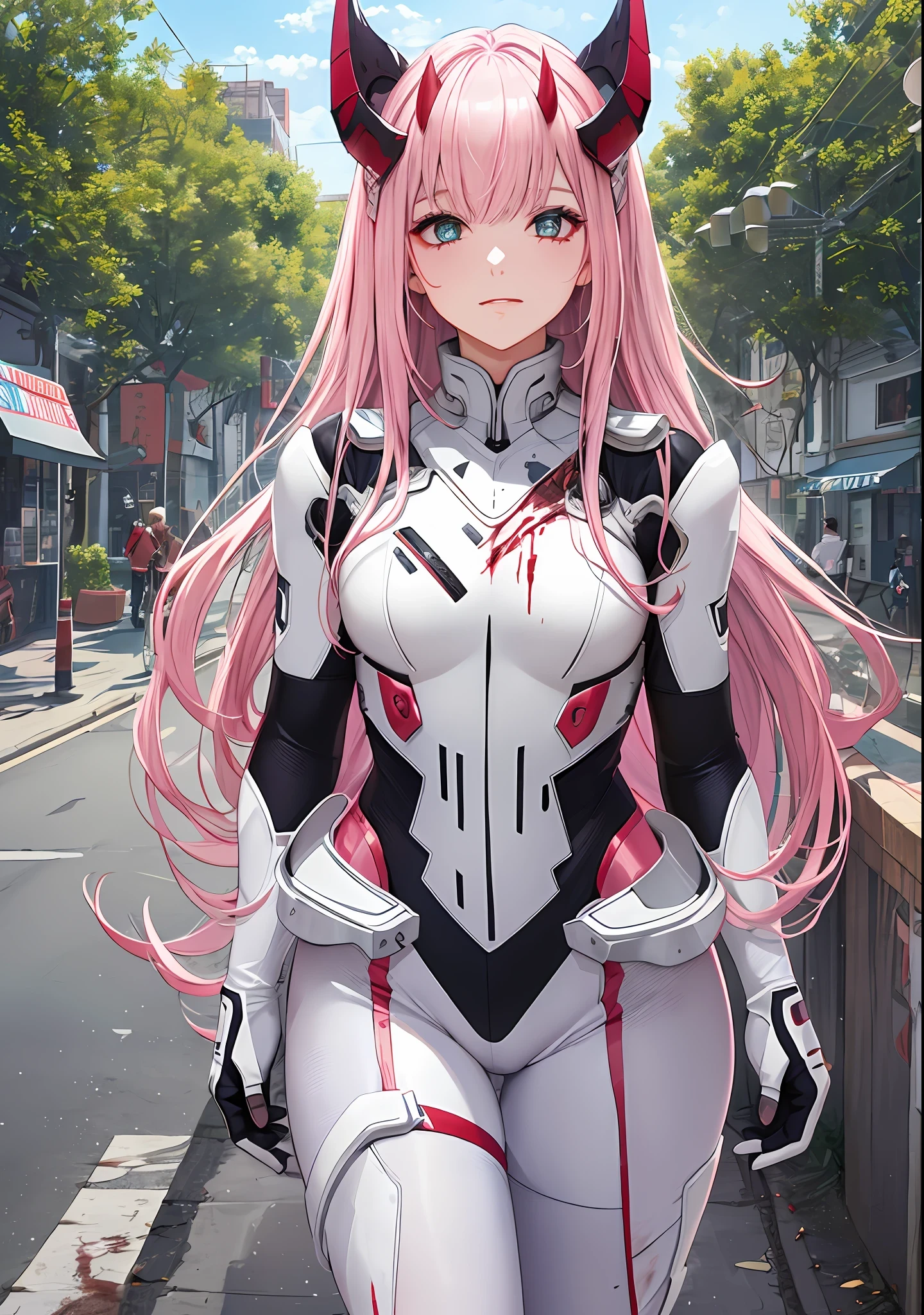 Anime girl with pink hair and horns walking down a street - SeaArt AI