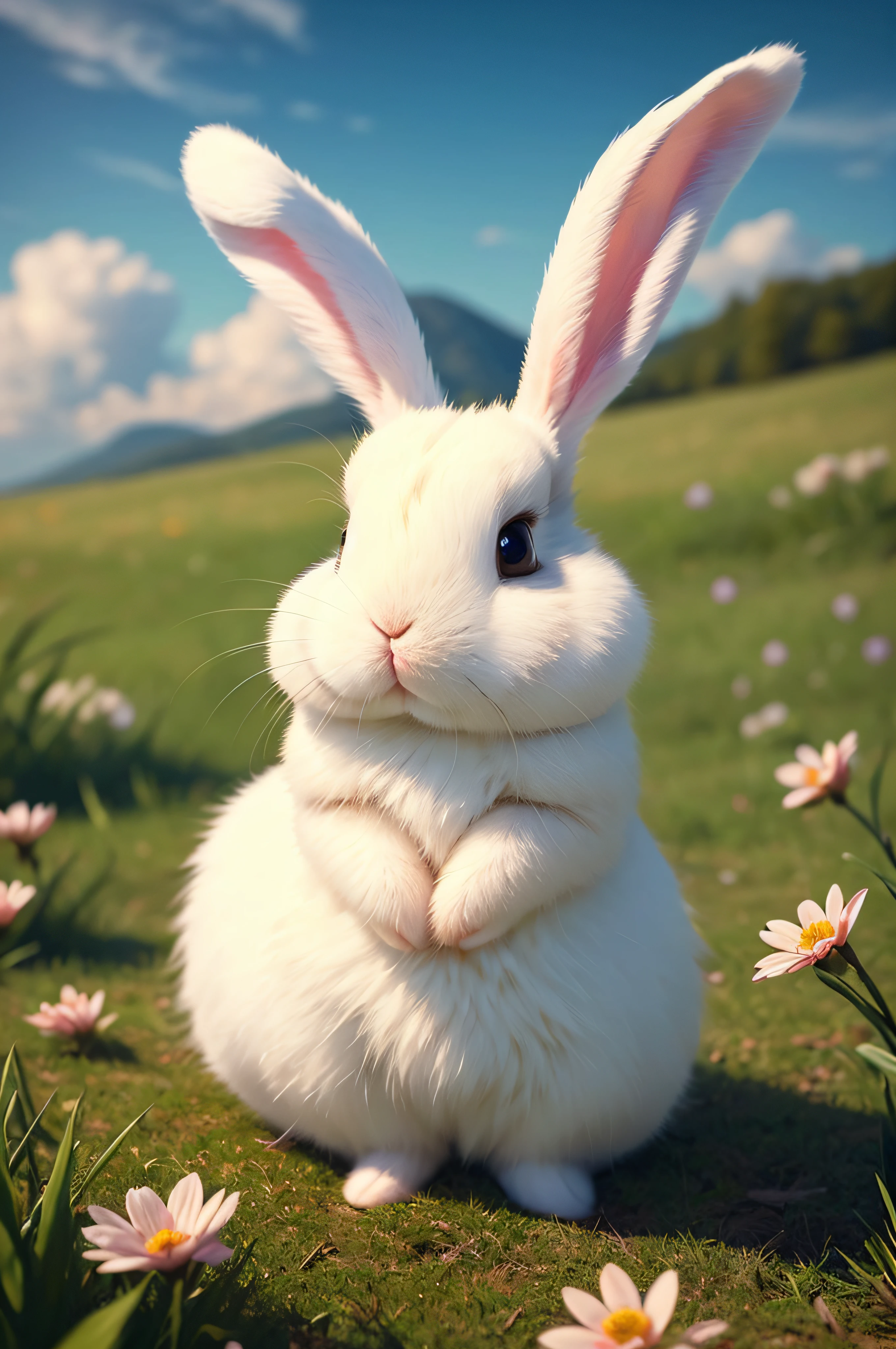 (extremely detailed CG unity 8k wallpaper,masterpiece, best quality, ultra-detailed),(best illumination, best shadow, an extremely delicate and beautiful),(cute bunny), (beautiful grass),(clouds),(colorful flowers)