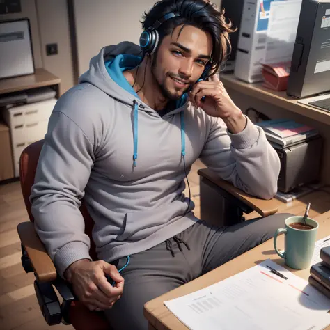 Handsome male, brown dark skin, blue eyes, long blue hair, sitting by desk in office chair, beard, smiling, detailed body, grey ...