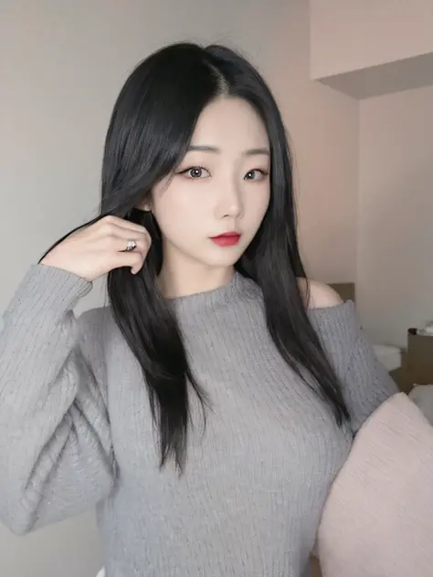 Asian woman with long black hair and gray sweater, cruel korean goth girl, Korean girl, beautiful Korean women, Gorgeous young K...