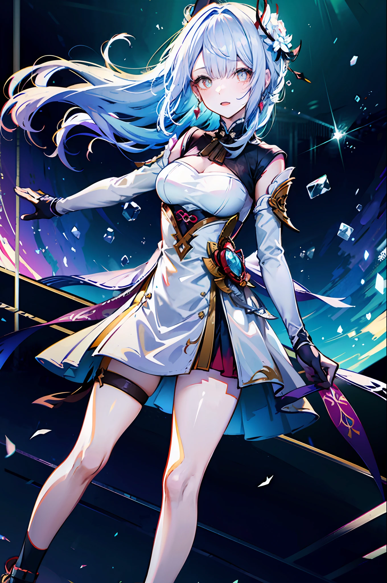 (best quality, detailed background, highres, absurdres, bloom, disheveled hair, shiny hair, exposed in lighting, bright pupils),
1girl, focus on leg, earpiece, long hair, silver hair, large_breasts, action_pose, standing,  arms behind back, stage, spotlight, glass ceiling, 
shenhe \(genshin impact\), hair_ornament, hair over one eye,  designer dress,  dutch_angle,