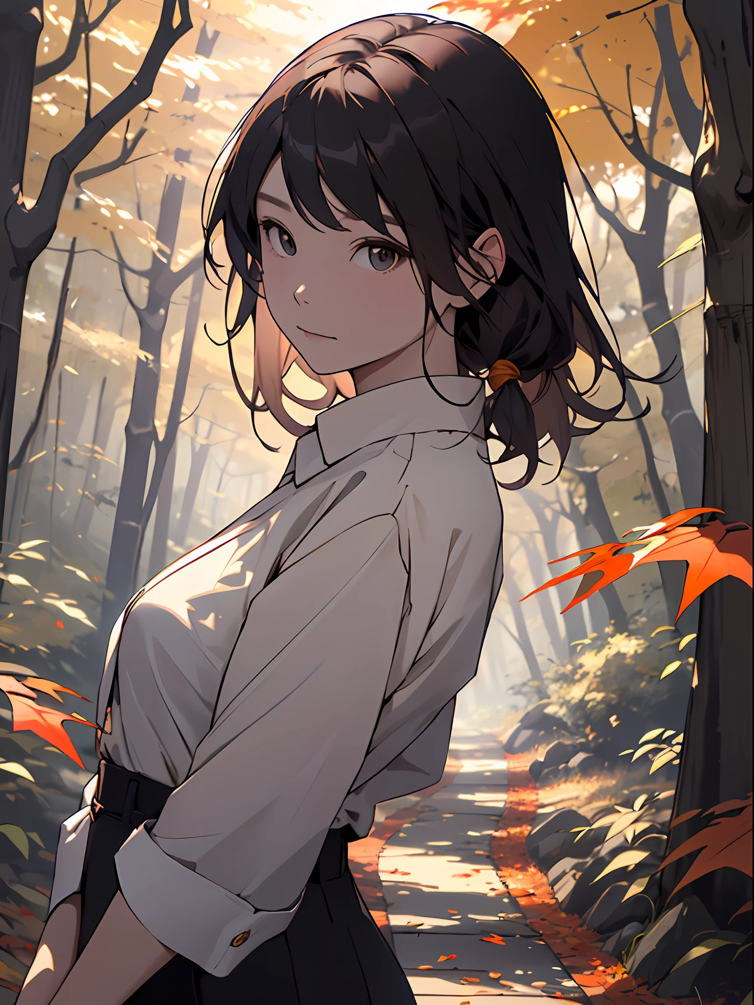 realisitic、((Forest of autumn leaves))、Woman in the forest and sunshine, a 20 yo woman、shorth hair, Nice hairstyle, Nice clothes、Looking at the camera、Colored leaves