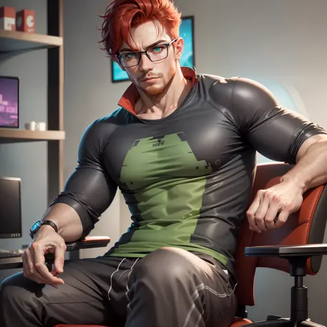 Handsome male, short red hair, red beard, sitting on gaming chair, expressionless, wearing glasses, detailed body, big bulge in ...
