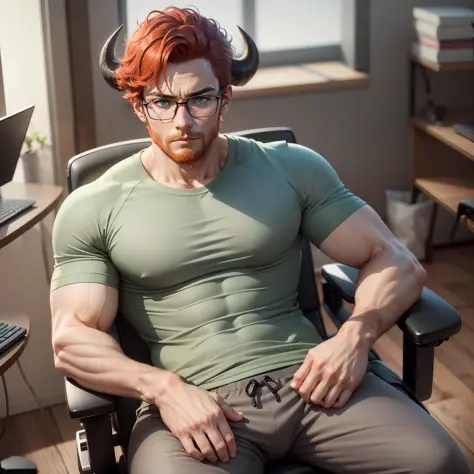 Handsome male, short red hair, red beard, sitting on gaming chair, expressionless, wearing glasses, detailed body, big bulge in ...