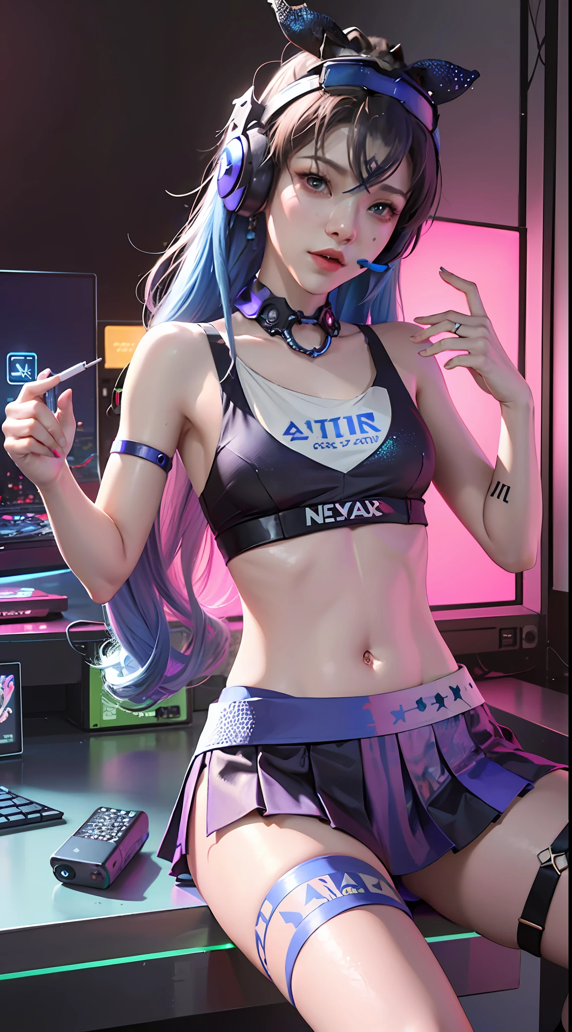 Anime girl in a sexy outfit sitting on a desk with a remote - SeaArt AI