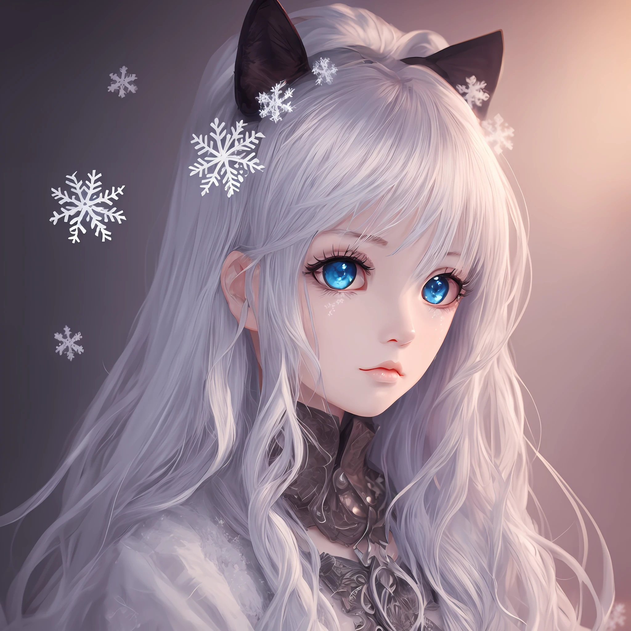 Silver hair, long whitr hair,snowflake hair ornament, Off-white eyes,  saliva, turn pale, full blush, saliva trail, surrealism, Anime, 8K, Super detail, 16k --auto