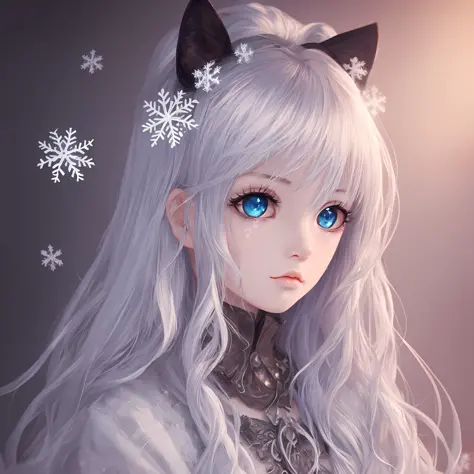 silver hair, long whitr hair,snowflake hair ornament, off-white eyes,  saliva, turn pale, full blush, saliva trail, surrealism, ...