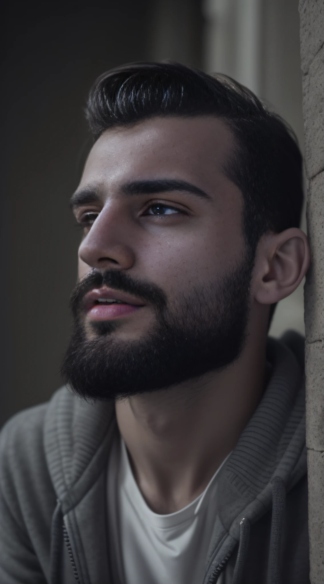 A 25-year-old man from Romania, masculine, bearded, full beard, role model, fully body, Very beauthful, looking-into-camera, detailled image, uhd, 8K, well-lit, grain of film
