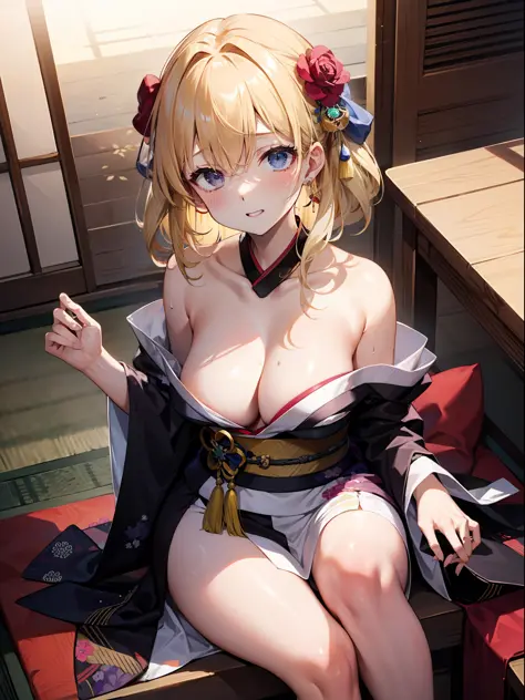 (A masterpice、of the best quality)、［独奏］、1girls、a blond、Medium hair、cleavage of the breast, Medium breasted, thights, Shy face、Embarrassing face、Kimono、Half-undressed kimono、