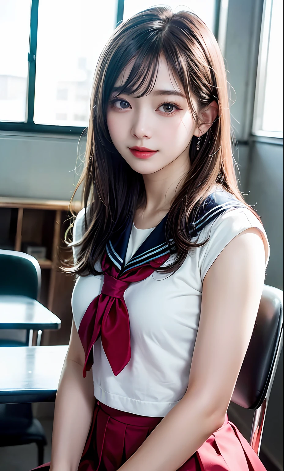 (8k, RAW photo, photorealistic:1.25) ,( lipgloss, eyelashes, gloss-face, glossy skin, best quality, ultra highres, depth of field, chromatic aberration, caustics, Broad lighting, natural shading,Kpop idol) looking at viewer with a serene and goddess-like happiness, highschool classroom, sailor uniform, mini skirt