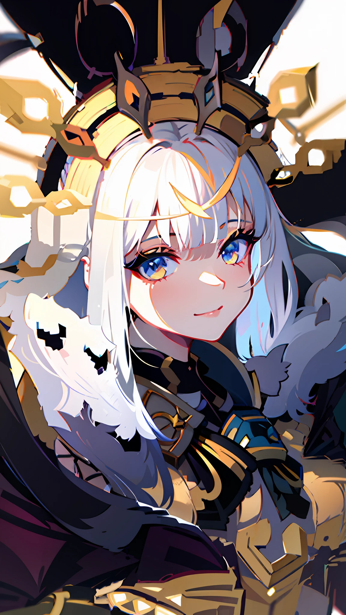 Anime - style image of a woman in a golden dress with a crown on her head, white haired god, portrait onmyoji, Ayaka Genshin Impact, astri lohne, portrait knights of zodiac girl, the goddess artemis smirking, keqing from genshin impact, ayaka game genshin impact, shikamimi, white hair woman, avatar image