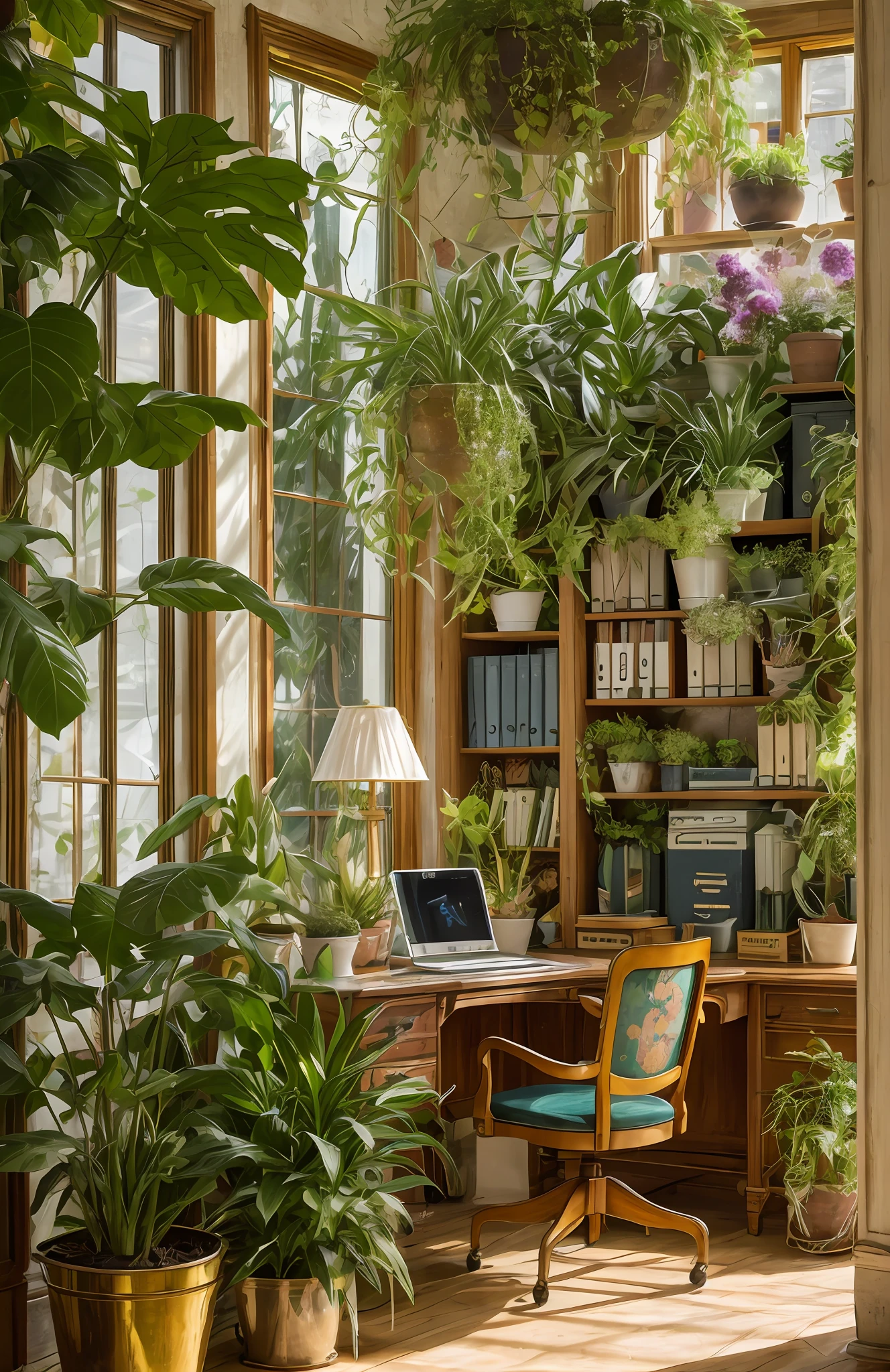 Architectural Digest Foto eines maximalistischen Grüns {Dampfwelle/steampunk/solarpunk} ((Heimbüro)) mit Blumen und Pflanzen, goldenes Licht, hyperrealistischer Surrealismus, preisgekröntes Meisterwerk mit unglaublichen Details, episch atemberaubend