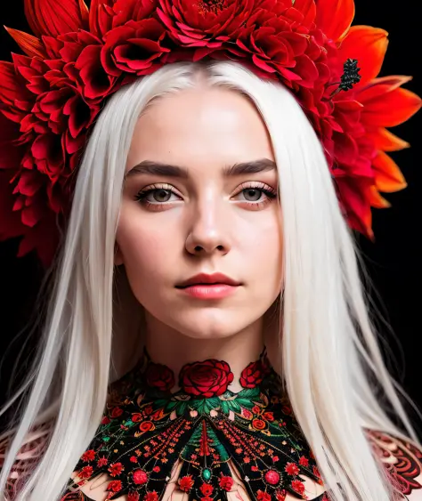 raw photo, a close up portrait photo of
beautiful young woman with white hair with red flower crown, + black paper with intricat...