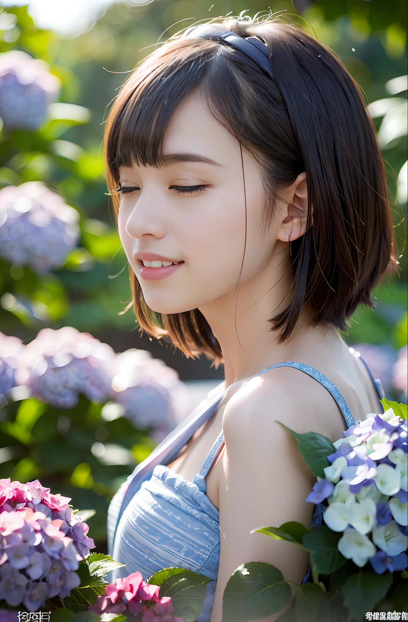 (((Full body photo))), backlit, lens flare, (((Super Soft Focus)), smiling, profile, eyes closed and looking upwards, twilight, showering, colorful hydrangea in the background, surrounded by hydrangeas, soft sunset, (yinchuan:1.5), bust-up photography, masterpiece, best quality, raw photography, photorealistic, face, beautiful girl, cute, short hair, (((depth of field))), high resolution, ultra detail, fine detail, very detailed, very detailed eyes and face, cinematic lighting