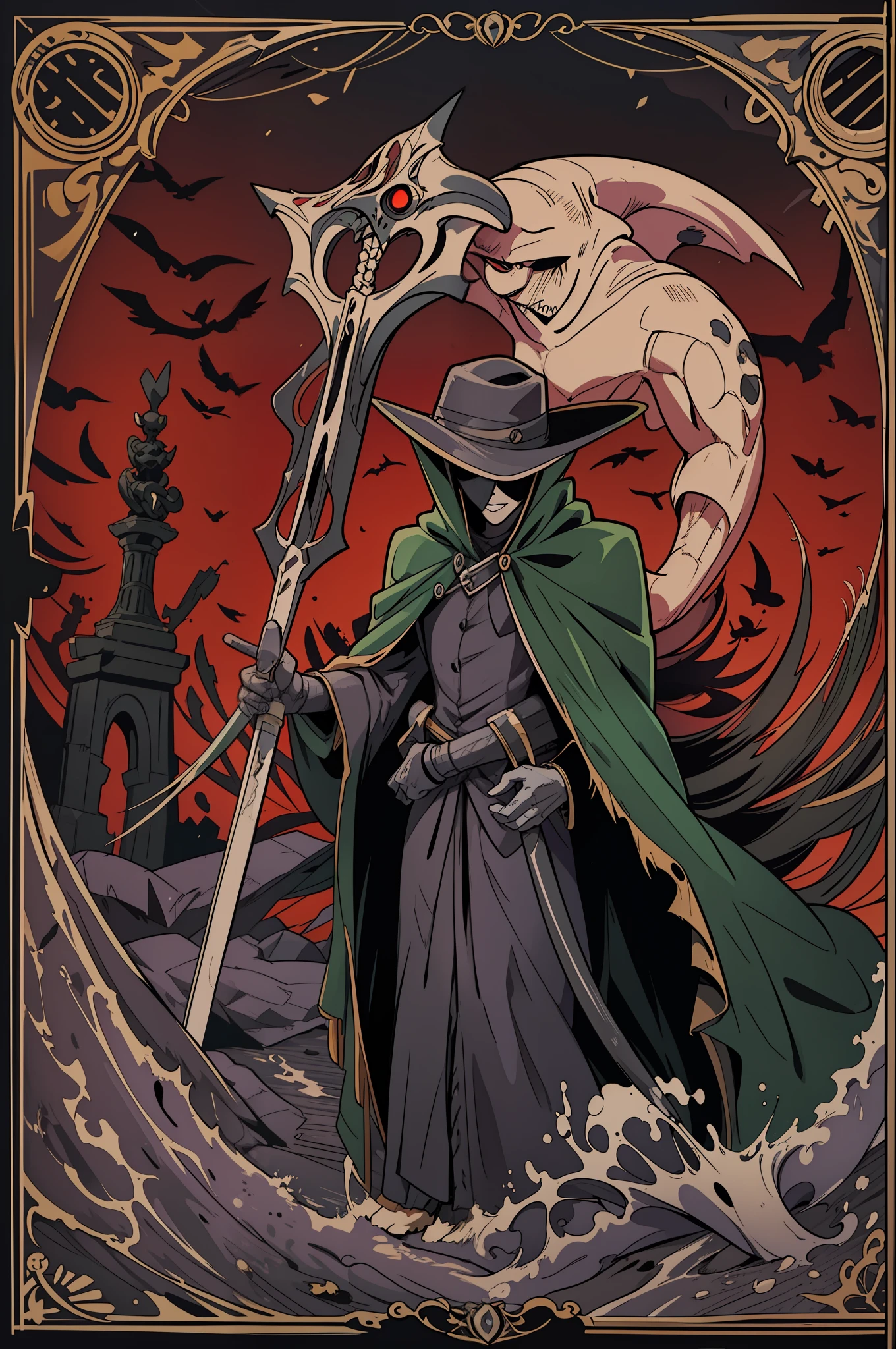 "best quality, ultra-detailed, masterful illustration, Izuku Midoriya as the grim reaper wearing plague doctor's clothes, holding a menacing scythe, standing in a cementary bathed in the crimson moonlight"