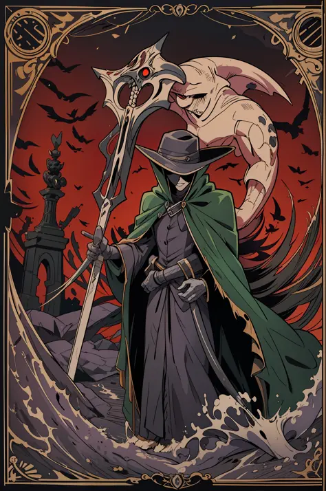 "best quality, ultra-detailed, masterful illustration, Izuku Midoriya as the grim reaper wearing plague doctor's clothes, holdin...