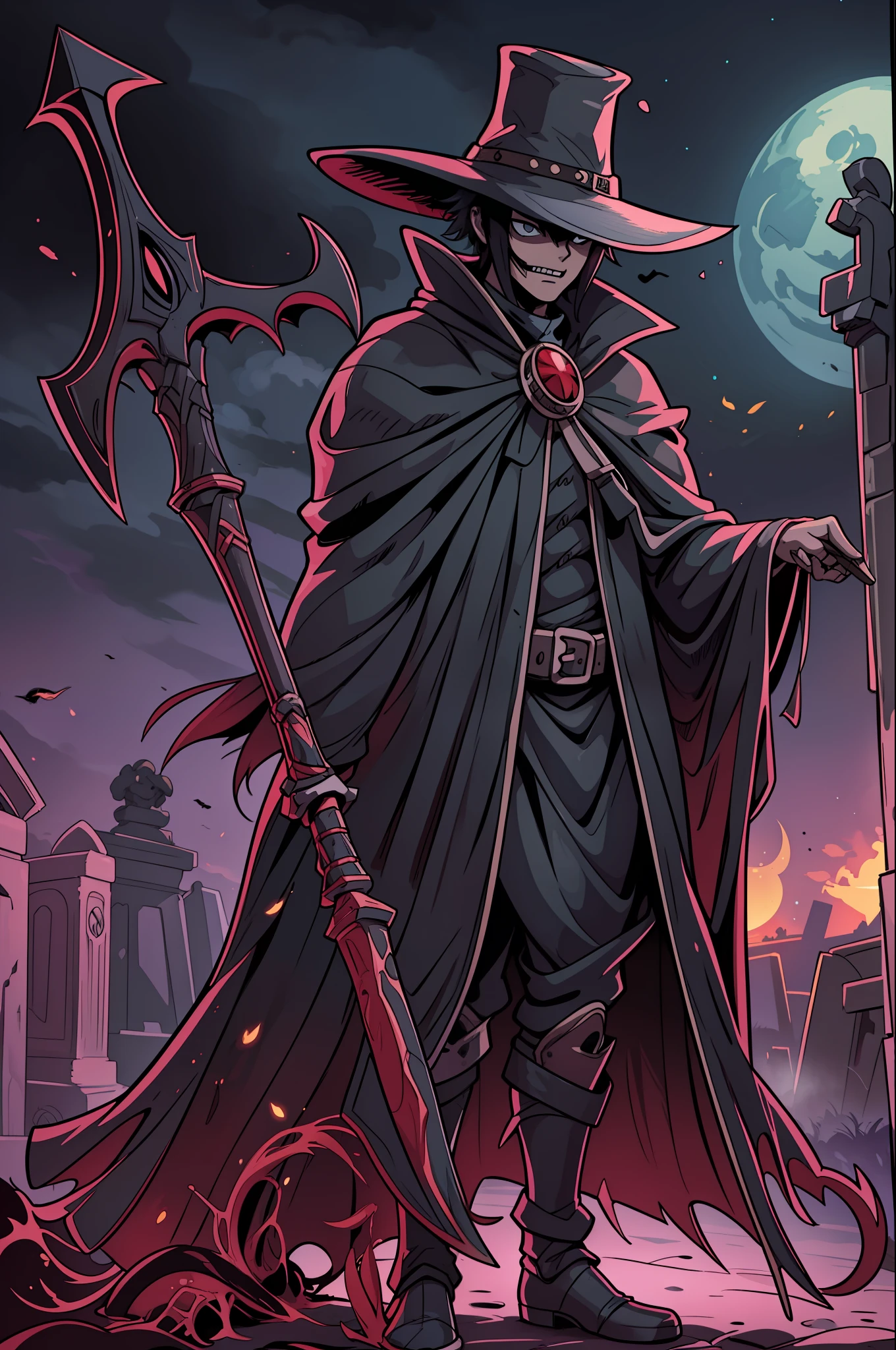 "best quality, ultra-detailed, masterful illustration, Izuku Midoriya as the grim reaper wearing plague doctor's clothes, holding a menacing scythe, standing in a cementary bathed in the crimson moonlight"