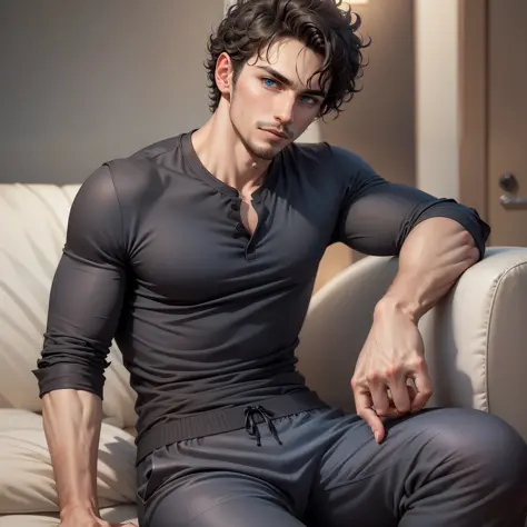 Handsome male, blue eyes, masculine features, expressionless, blue short hair, curly hair, black shirt, sitting on couch, small ...