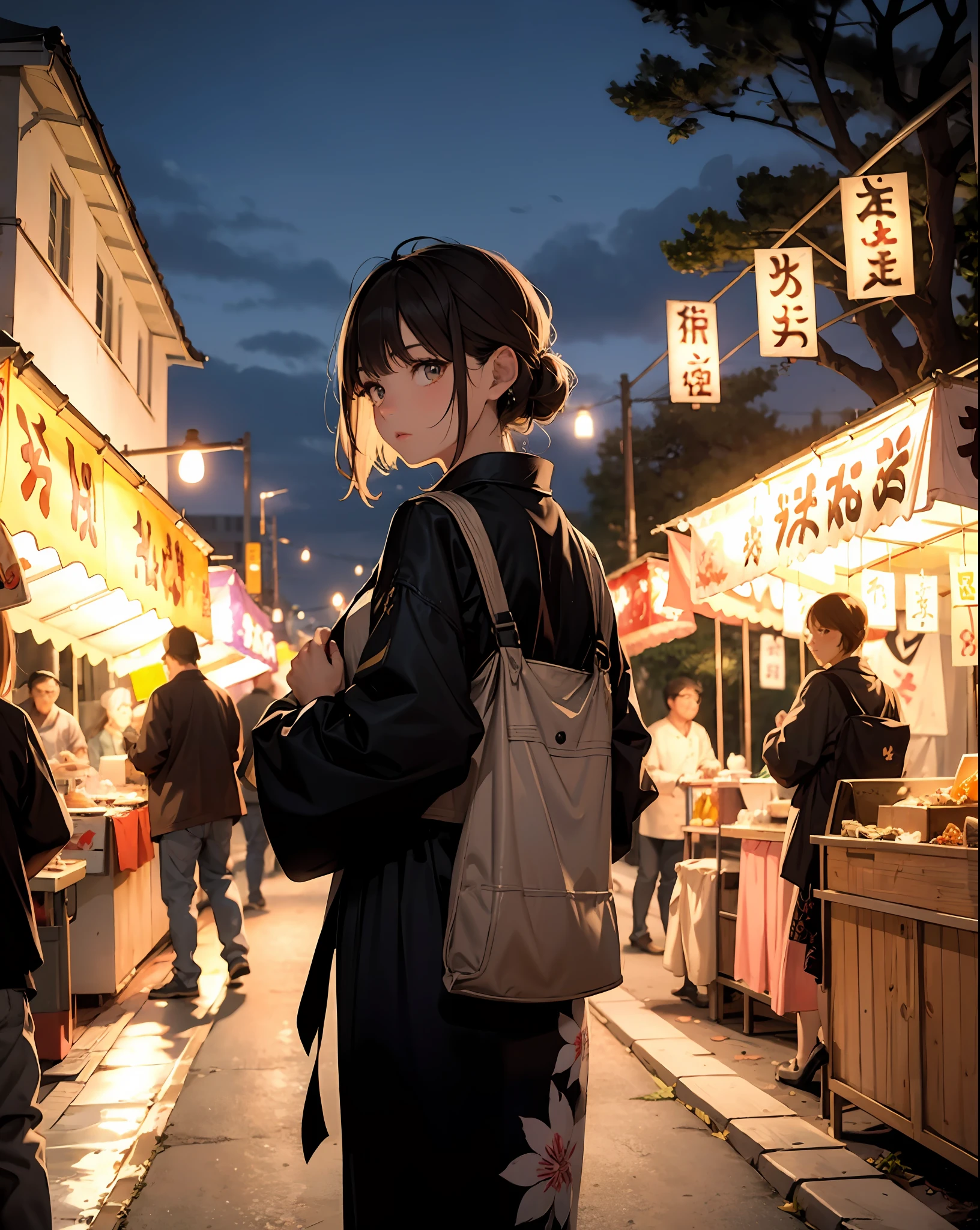 masterpiece, best quality, ultra-detailed, illustration, omatsuri, food stand, 1girl, beautiful eyes, looking at viewer, from behind, cowboy shot, looking back, yukata, tree, outdoors,road, walking,  crowd, night, lantern, festival, food, pavement, crosswalk, paper lantern, lamppost, brown hair, night sky,