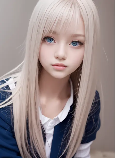 super long platinum blonde hair、bangs between the eyes、smooth ultra silky straight hair、pink school uniform、shiny young white be...