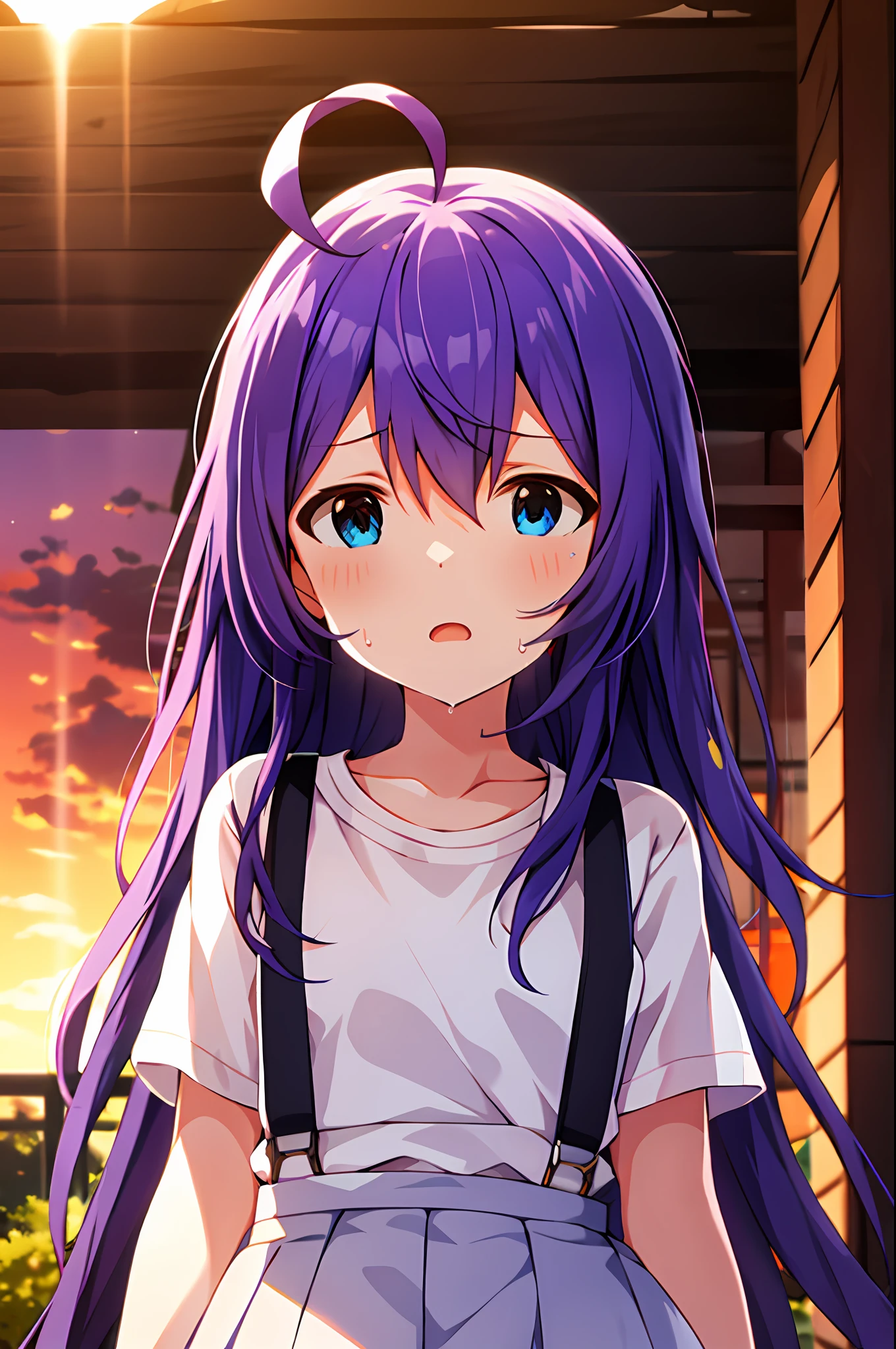 mochizuki anna,1girl in,Solo,Long hair,Purple hair,Medium chest.Ahoge,Blue eyes.Short stature.white t-shirts.suspenders.Skirt.Evening glow.the setting sun.Despair face.Sweat.Opening Mouth.up chest.