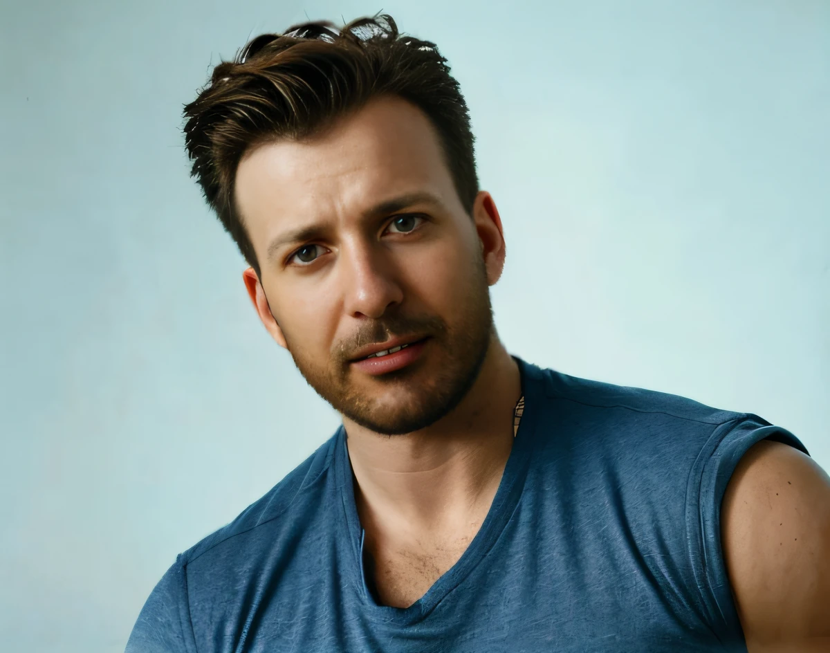 Retrato de Chris Evans, usando uma camiseta azul, com fundo em branco