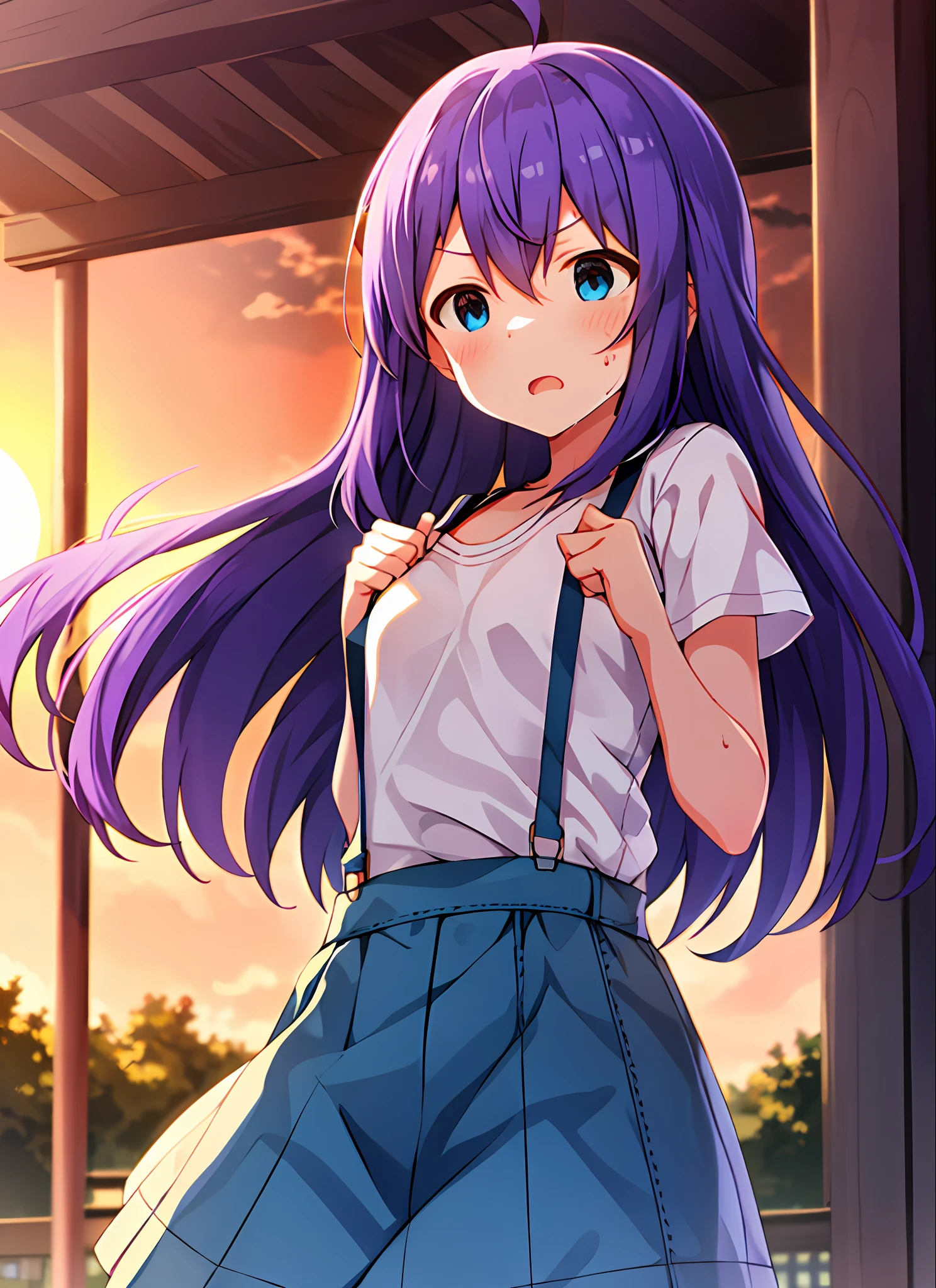 mochizuki anna,1girl in,Solo,Long hair,Purple hair,Medium chest.Ahoge,Blue eyes.Short stature.white t-shirts.suspenders.Skirt.Evening glow.the setting sun.Despair face.Sweat.Opening Mouth.up chest.clench your fists.