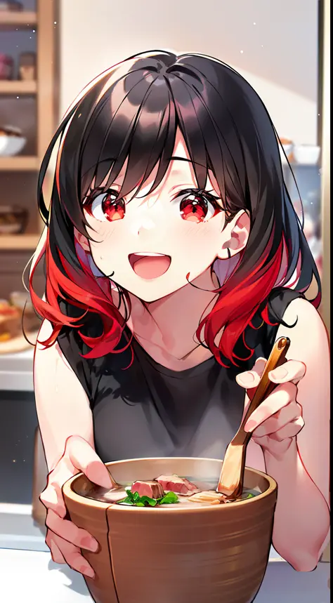 (beef soup, two-dimensional cuisine, delicious and unique, happy mood, 1 girl), (plain face, (black hair: 1.2 + red hair: 1.2), ...