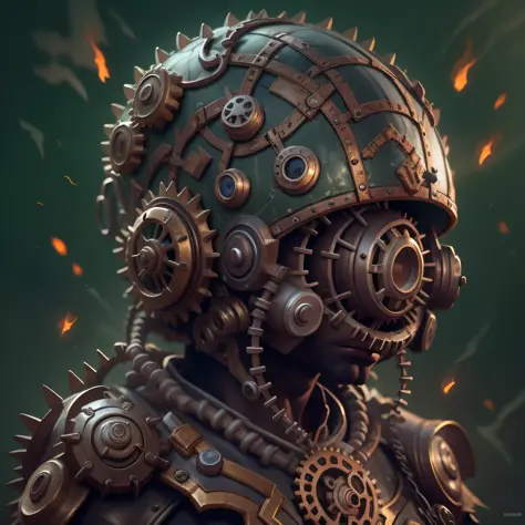 iron dummie, in the style of league of legends, with a miniature futuristic helmet, with gears, hyper detailed, hyper realistic