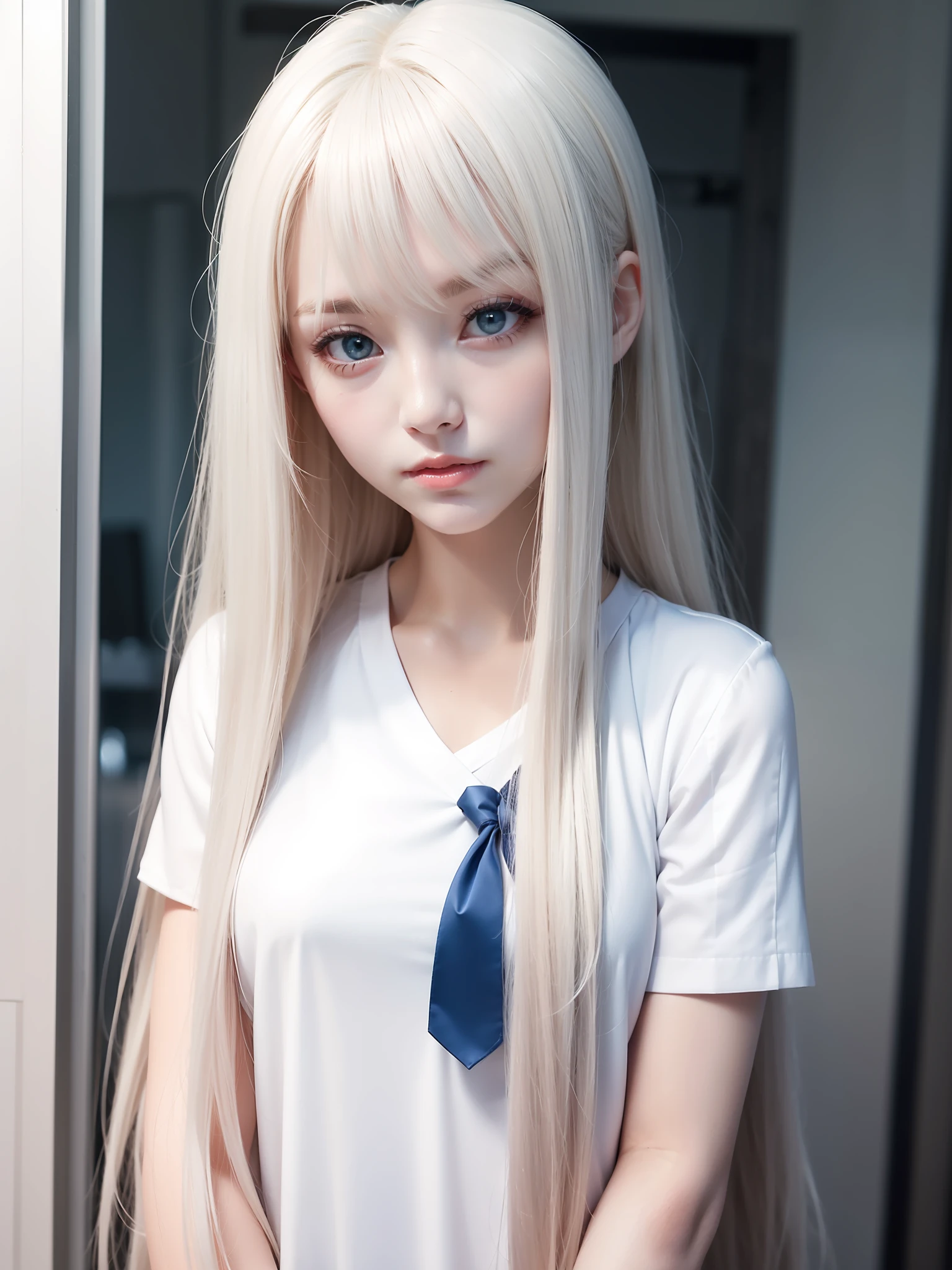 Blond haired girl with long white hair and blue tie - SeaArt AI