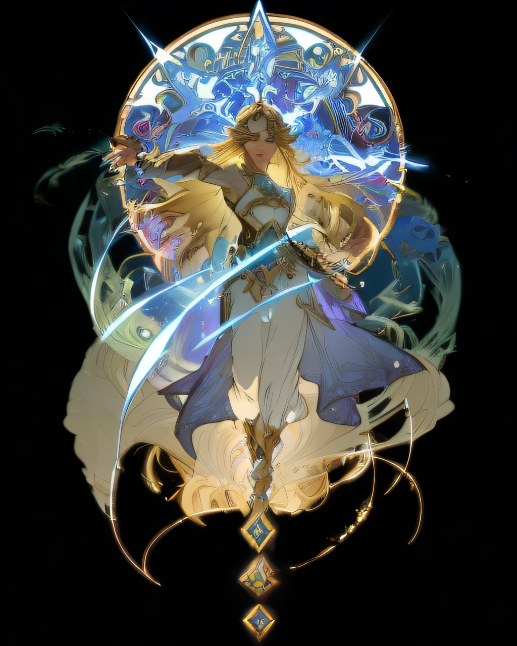 a woman in a long dress holding a sword and a star, alphonse mucha and rossdraws, cushart krenz key art feminine, in the art style of mohrbacher, portrait knights of zodiac girl, beautiful celestial mage, anime fantasy illustration, goddess of light, knights of zodiac girl, by Yang J, fantasy art style, granblue fantasy