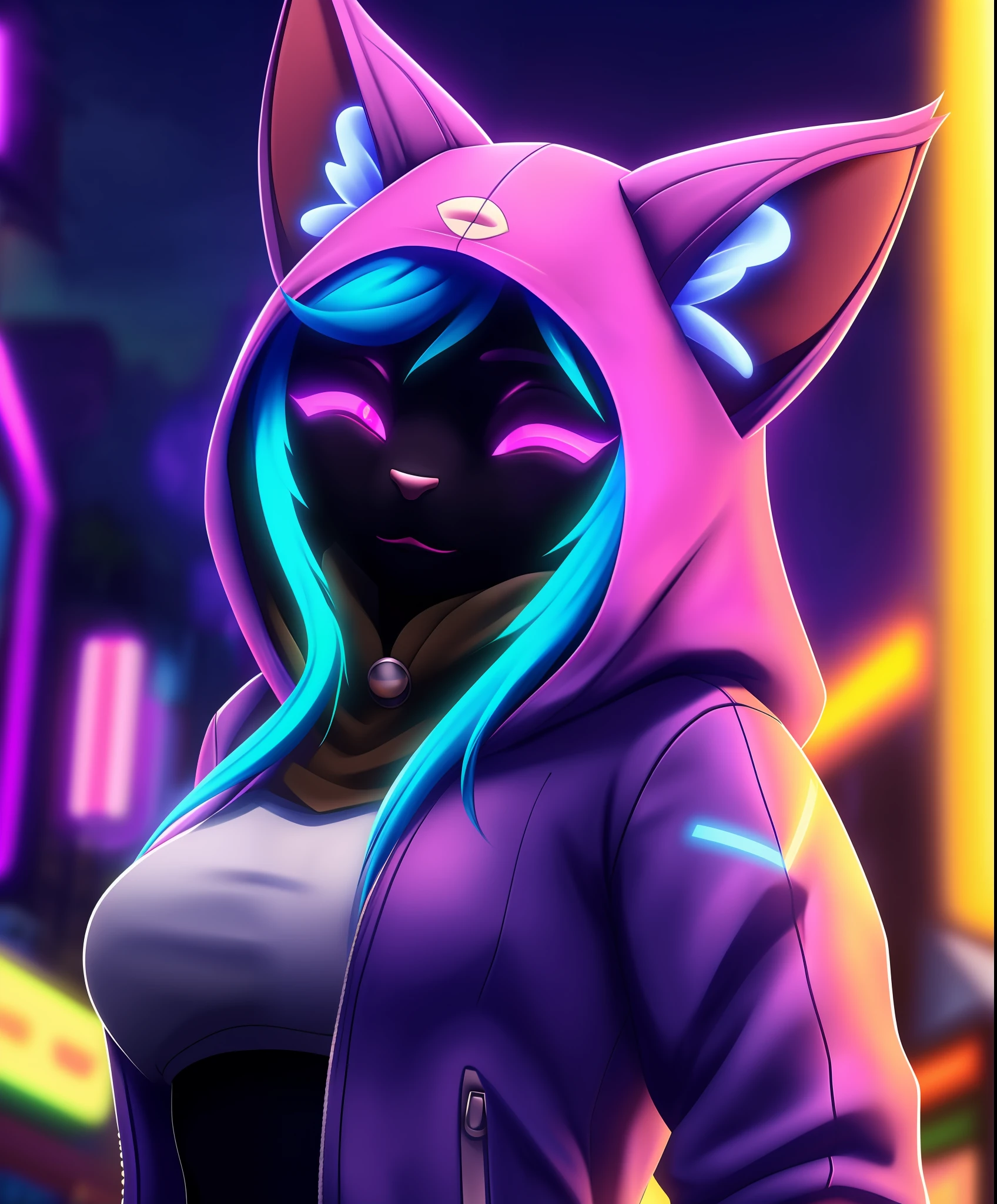 (((masterpiece))), 4k res, highly detailed, (((extremely detailed eyes))), detailed background, cinematic lighting, high quality, best quality, 4k, super detailed,focus sharp,RTX, 8K, beautiful face, wooflamp, pink eyes, blue hair, jacket purple,closed eyes,hood, closed eyes, neon eyes, tail cat,