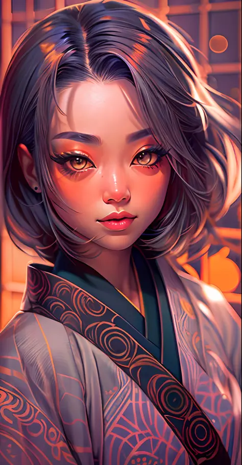 onmyoji,Japanese woman, hyper-detailing, warm tones, intricate details, volumetric, art by Iliya Kuvshinov, a glaring eyes, dvAr...