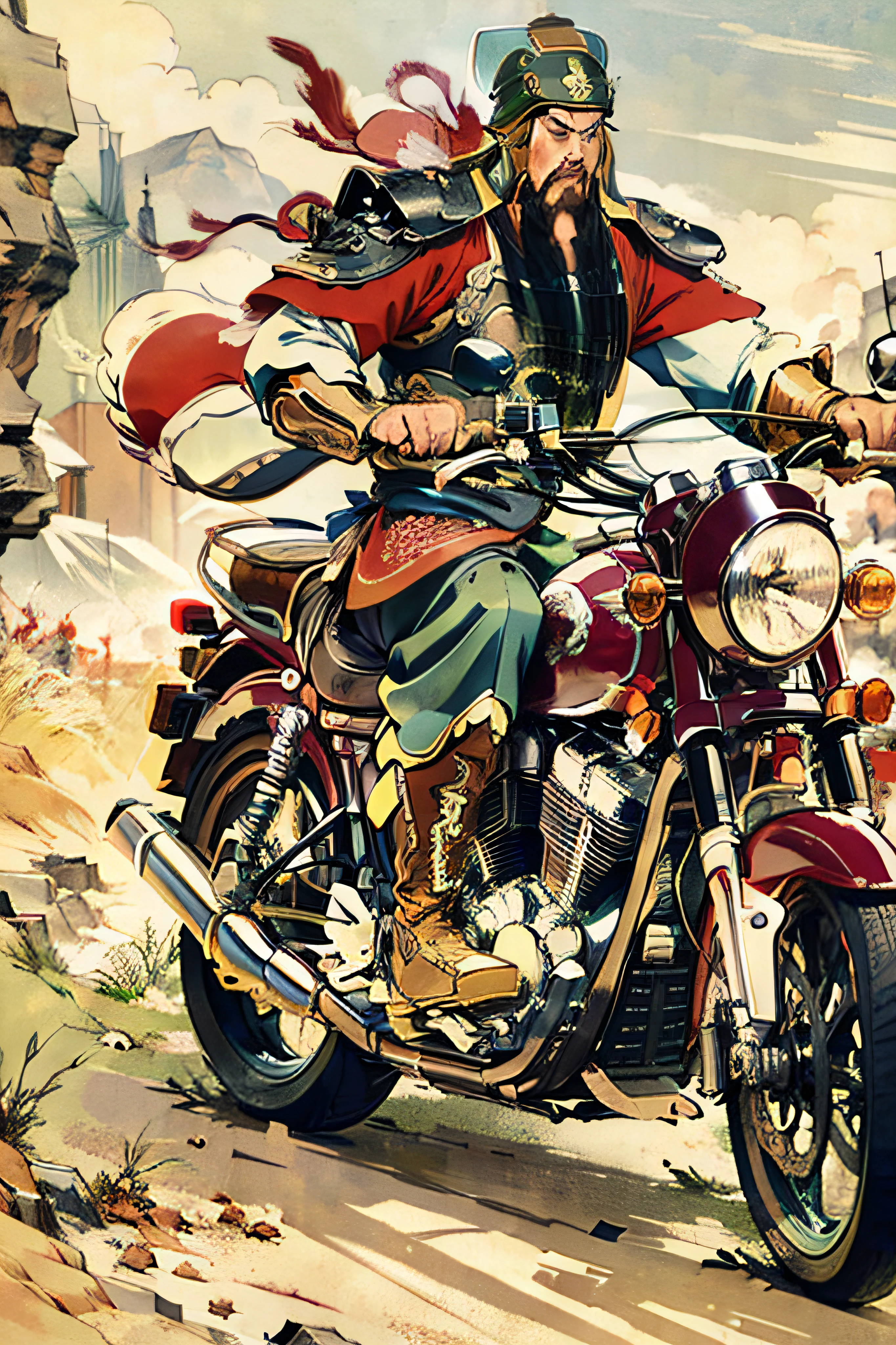 Comic style, HD quality, full body, perfect face, (eyes), Guan Yu, riding a red motorcycle, motorcycle,