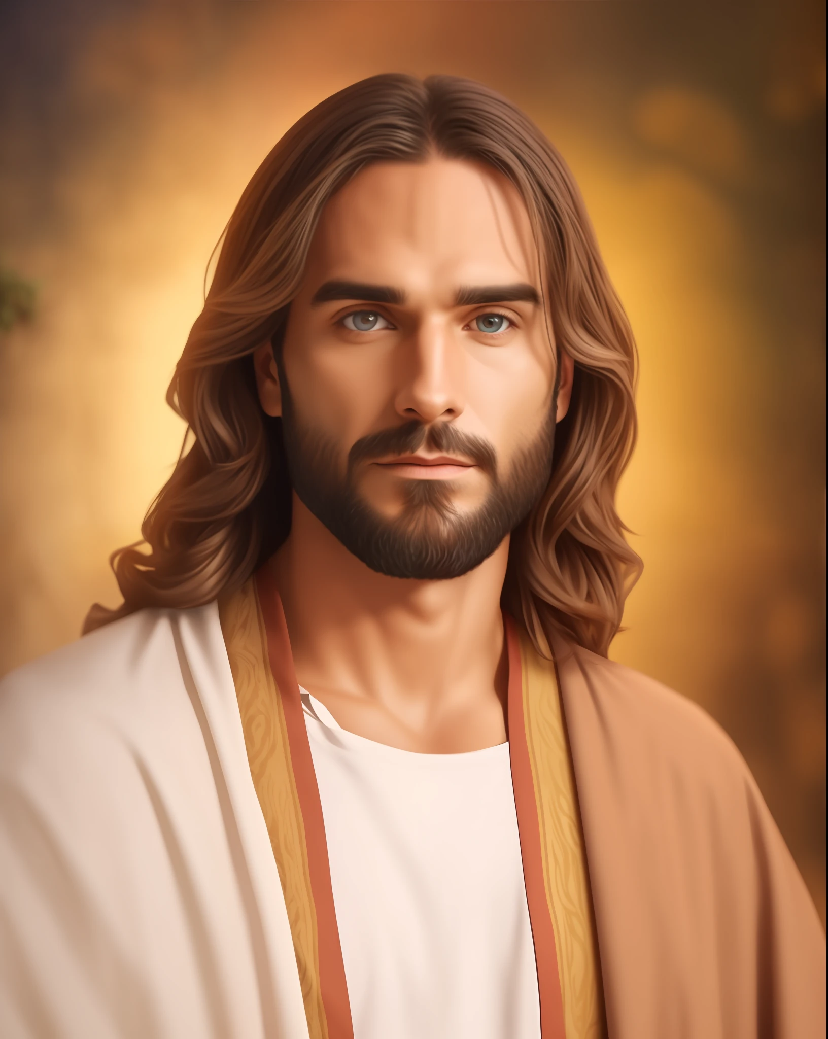 Seth Rollins dans le rôle de Jésus-Christ, se concentrer sur les détails of the face, semblable à Seth Rollins, portant une longue tunique beige de Jésus, Style Jésus de la Bible, image réaliste, fond de l&#39;image du jardin céleste avec des animaux et des fleurs, meilleure qualité, 8k, se concentrer sur les détails.