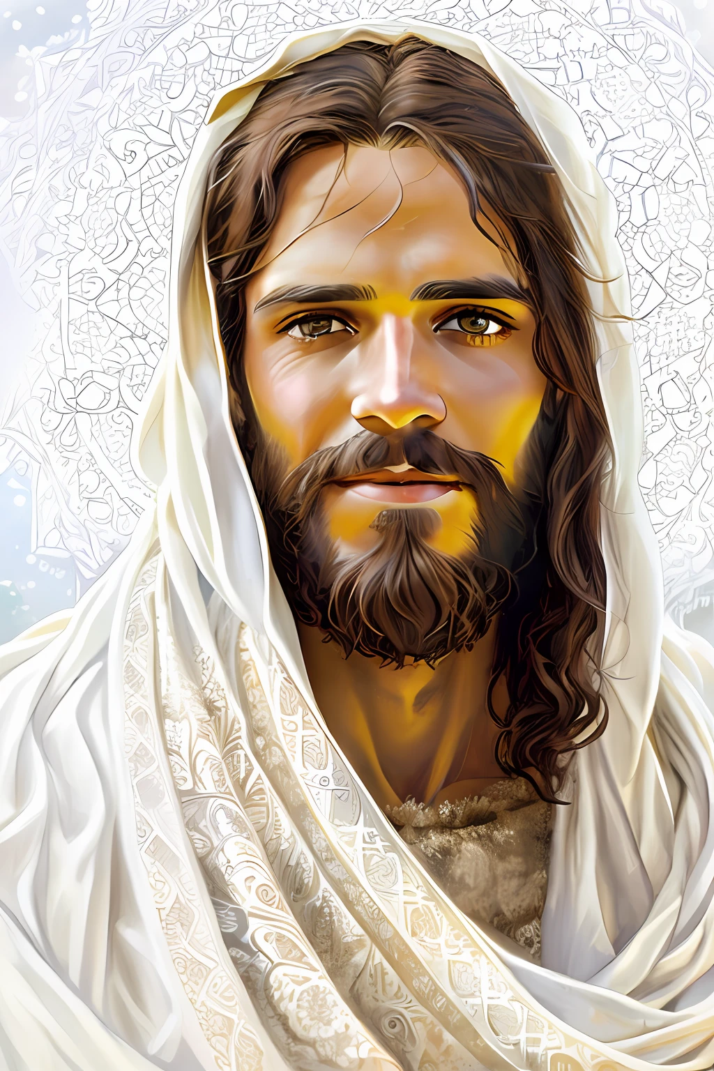 Мужчина с бородой и белым платком на голове, Иисус Christ, dressed as Иисус Christ, Иисус of Nazareth, face of Иисус, Грег Олсен, Иисус, Никодим, portrait of Иисус Christ, Господь и Спаситель, он тепло приветствует тебя.