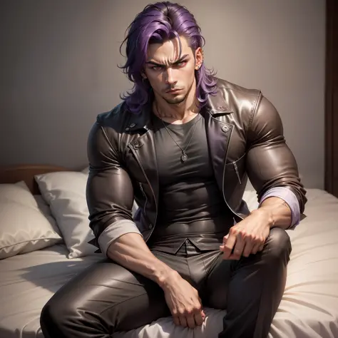 Handsome man, red eyes, angry look, dark brown skin, handsome male, sitting on bed, long sleeve shirt, purple hair, detailed bod...