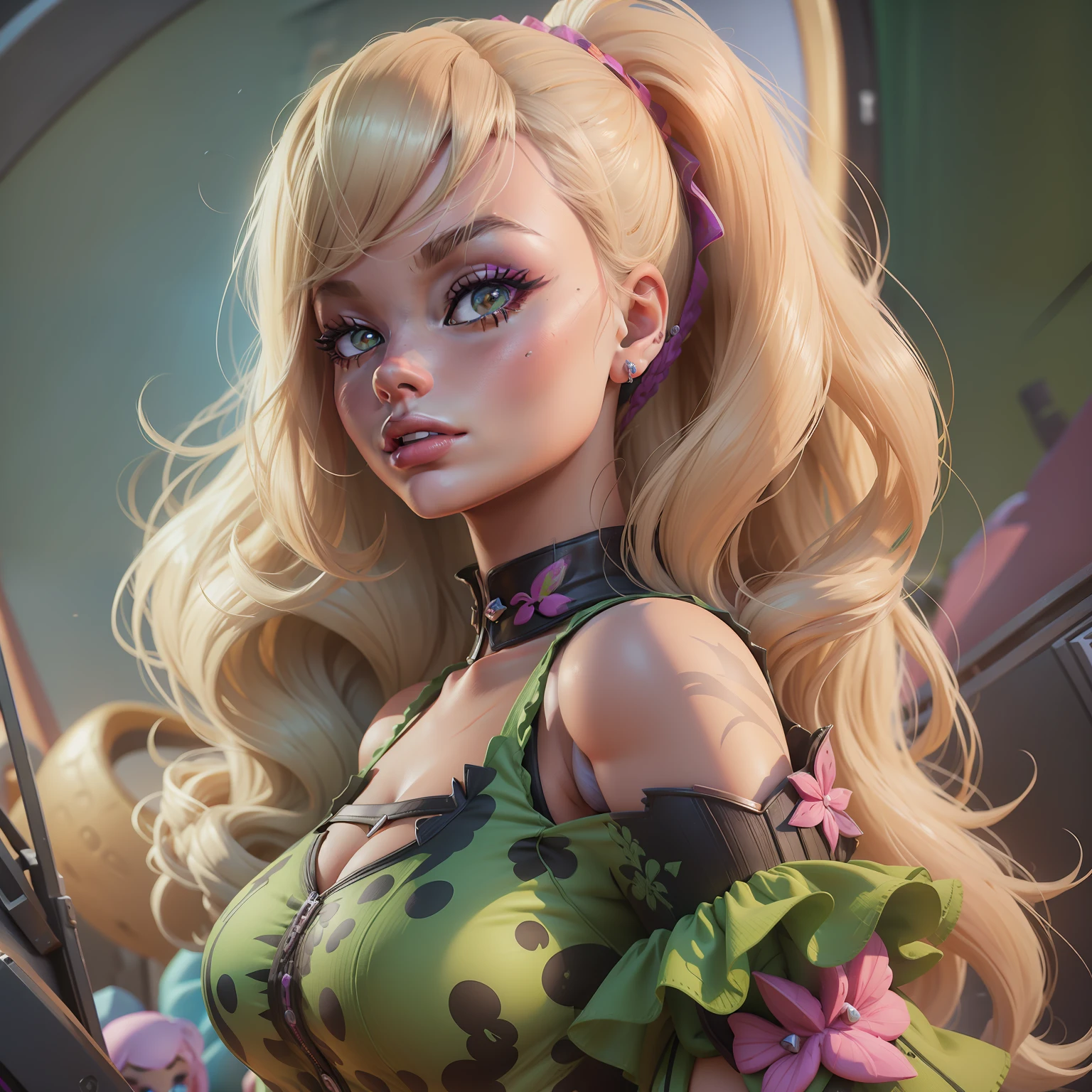 ((Margot Robbie as the full-body high-resolution Barbie, Fortnite gameplay aesthetics)), Barbie doll character concept art for the promotion of the game character in over 8K supreme quality, usando vestido brilhoso com tule rosa e branco, peitos pequenos, fundo mapa fortnite, detalhe ao rosto, Barbie personagem para jogo, Barbie Fortnite, Promotional Art for character page, boneca Barbie 3D, Arte Promocional, promotional render.