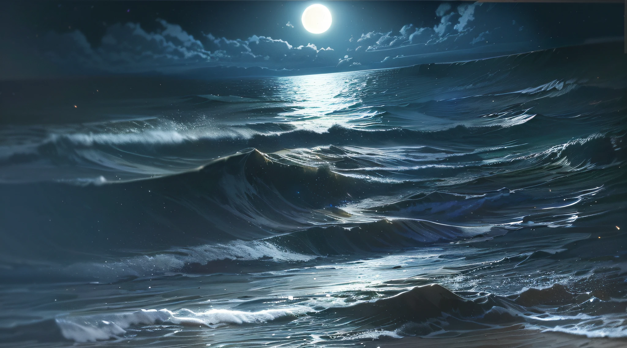 (moonlit night),(on the beach,crashing waves),(dramatic lighting),(silhouettes),(sparkling sand),(peaceful and relaxing atmosphere)